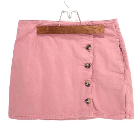 Topshop Moto Salmon Pink Denim Asymetric Buttons Mini Skirt w Pockets - Picture 10 of 10